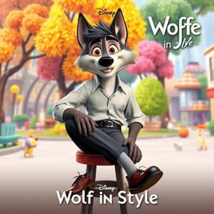 a Happy Large Male Adult Cartoon 2d Wolf In a Dress Shirt, Long Pants, Plain Charcoal Socks, And Leather Dress Shoes with Laces Sitting Down on the Stool.