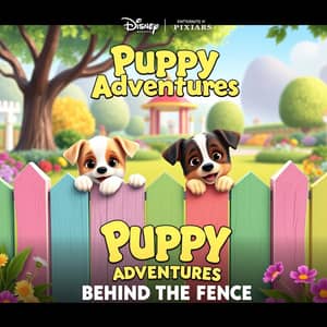 Puppies locked behind fence, in Disney Pixar poster style