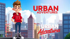 Create a character where he wears a red short-sleeved hoodie, blue pants, and black and white converse. The hair is made the same as the style, the eyes are red. With a minimalist cartoon style, in cartoon style