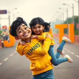 Realistic indian Playful teen age 19 year cute boy lifting laughing teen age girl   in  15 year beutifull girl  with girl yellow colour hot top and jeans  on the road with happy an rose and a on,wearing a yellow hoodie with name "HIMANSHU" boy, with back background with big capital letter nam"JYOTI", loving mood, realistic