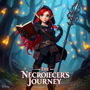 Female elve necromancer wearing a black shirt, black pants, black boots, gloves and a hood. She has red hair and blue eyes. She wears a belt around her waist with some small bags and she wears purple accessories. In one hand she holds a open book and in the other hand she holds a long magic staff, in Disney Pixar poster style