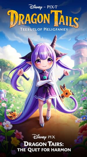 Anime 1 cute girl long hair purple silver, pointy ears, horn oni, has four arms and long legs, has tails dragon 