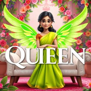 create 3d picture of a beautiful 18 year old girl setting on the white sofa set chair the girl is wearing aneon green saree background welldecorate in flower and leaves an written on capital big font white colour queen and wing are green colour look like angel