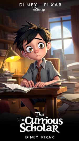 A 10-year-old boy with slightly messy black hair, big curious brown eyes, and a slim build. He is wearing a slightly oversized school uniform with a loose tie and scuffed shoes. His face shows a mix of innocence and a hint of frustration, reflecting his struggles with studies. He is sitting at a wooden desk, surrounded by open books and crumpled papers, in a cozy yet slightly cluttered room. The room has a warm but slightly dim light coming from a small desk lamp, with a hint of moonlight streaming through a window in the background.