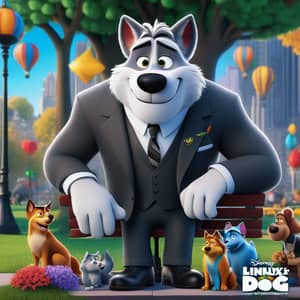 Linnux the Wolf From Rock Dog Wearing a Dress Shirt, Long Pants Below The Knees, Plain Charcoal Socks, And Leather Dress Shoes with Laces Sitting down the bench., in Disney Pixar poster style