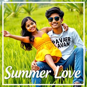 
  
    "A cheerful 16 year old indian cauple poses in a  rice ground field. The girl, wearing a vibrant yellow dress sits playfully on the boy lap, extending one leg while smiling brightly both are looking so cute, Big chest,stylish black hair, sunglasses, indian, romantic atmosphere.The boy, dressed in a white shirt and jeans with the text "PAWAN" clearly written bold letter in shirt. background have some coconut plants full blaring green background 16 ultra quality picture ."

