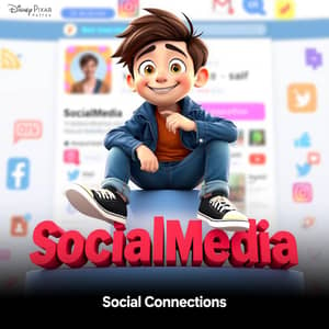 Create a 3D illustration of an animated character sitting casually on top of a social media logo "SocialMedia". The character must wear casual modern clothing such as jeans jacket and sneakers shoes. The background of the image is a social media profile page with a user name "saif" and a profile picture that match.
