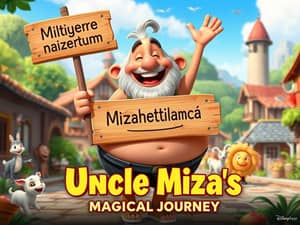 On the sign held by a pot-bellied cartoon uncle, it says "Mizahettinamca" in Turkish.