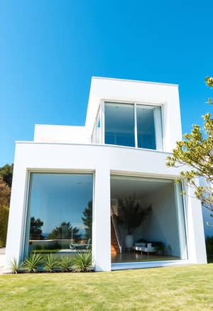 A beautiful modern house in Spain with large, white plastic windows, viewed from the outside. The house features sleek, minimalist architecture with clean lines and a contemporary design. The exterior walls are in shades of white and neutral tones, blending perfectly with the lush green landscaping that surrounds the house. The windows are prominent and reflective, allowing a glimpse of the bright, airy interior. The scene is set under a clear blue Mediterranean sky, creating a bright and inviting atmosphere.