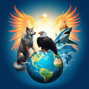 an image of a wolf guarding the earth, an eagle king of the sky and a shark king of the water collaborating to guard the universe with a phoenix background as a symbol of resurrection and eternity, a blue background, peaceful and realistic.