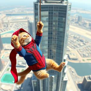 Make ginger kitten falling off from burj khalifa and cat in spiderman costume catches the kitten

