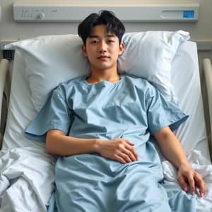 Make Sunghoon from ENHYPEN wearing a patient gown and lying on a hospital bed