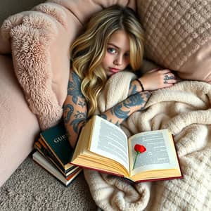 Generate an image of a blonde and black hair girl covered in tattoos and purple eyes snuggled further into her cozy plush cushions whilst on the carpeted ground, one of her softest blankets enveloping her like a warm cloud. 

A stack of books lay beside her, a comforting weight against her side.  A bookmark— a delicate poppy flower, marked her favorite book, waiting for her to delve back into its world of adventure. 

Lost in the pages, she drifted away from the outside world again, finding solace and joy in the company of her beloved books.