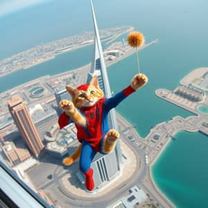 Make ginger kitten falling off from burj khalifa and another cat in spiderman costume catches the kitten

