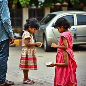 Two small girl begging some rupee and in her hand a small bowl. In front of her stand a rich person who have a car