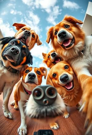 humour photorealism photography of super detailed, cheeky, cute looking, high detailed photorealistic, high quality, 8k, 35mm lens f/1.8, bright colours, humour, realistic, super colourful, group of 4 dogs all are different breeds taking a selfie, gopro on the floor facing the sky and dogs looking down, highly defined macrophotography, gopro, sharp details, realistic, sharp focus, high detailed photorealistic, bright colours, humour, realistic, funny, super colourful,