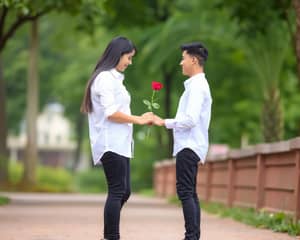 A girl stand ahead boy. Girl propose to boy with rose . Girls dresses wear black jeans and white shirts and boy wear black pant and white shirts girl look amazing and also boy handsome.poc generate 