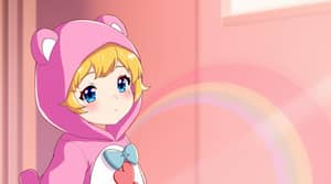 Anime boy wearing a pink Care Bear suit having blonde hair and blue eyes and pretty